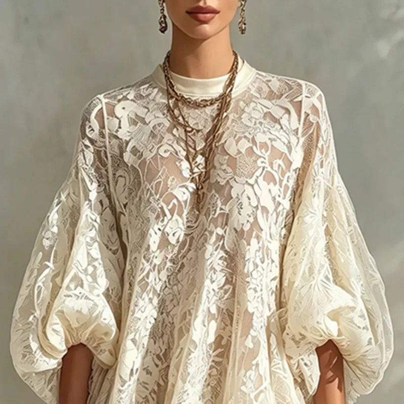 Floral Lace Puff Sleeve Boho Ruffle Mini Dress for Women