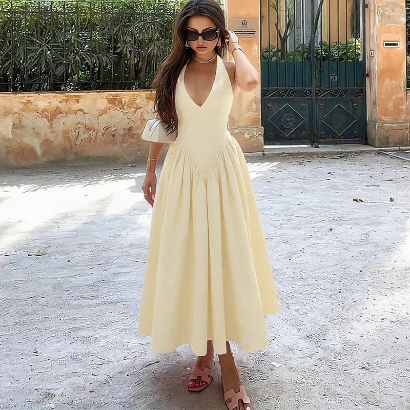 Elegant Halter V Neck Backless Maxi Dress For Women