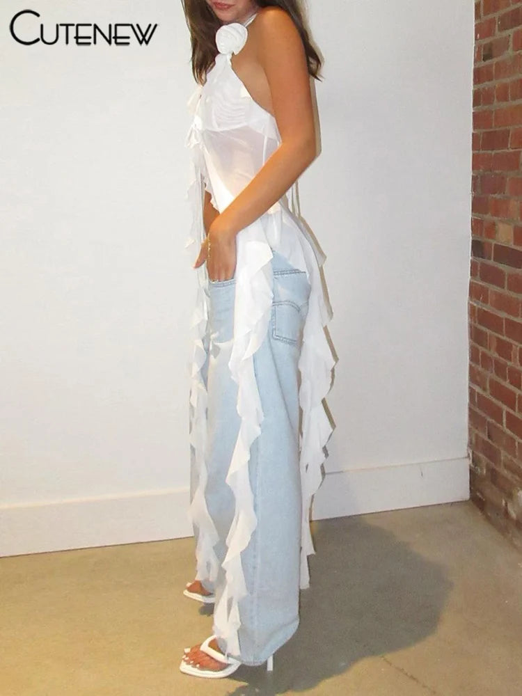 White Ruched Mesh Halter Crop Top