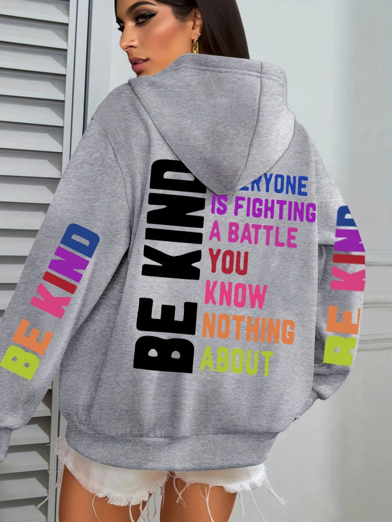 Be Kind Hoodies Women Letter Prints Winter Fleece Warm Hooded Street Pocket Loose Sweatshirts Casual All-match Woman Clothes