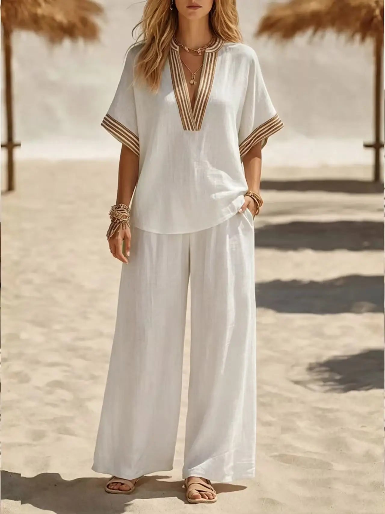 Striped V Neck Short Sleeve Two Piece Set for Women