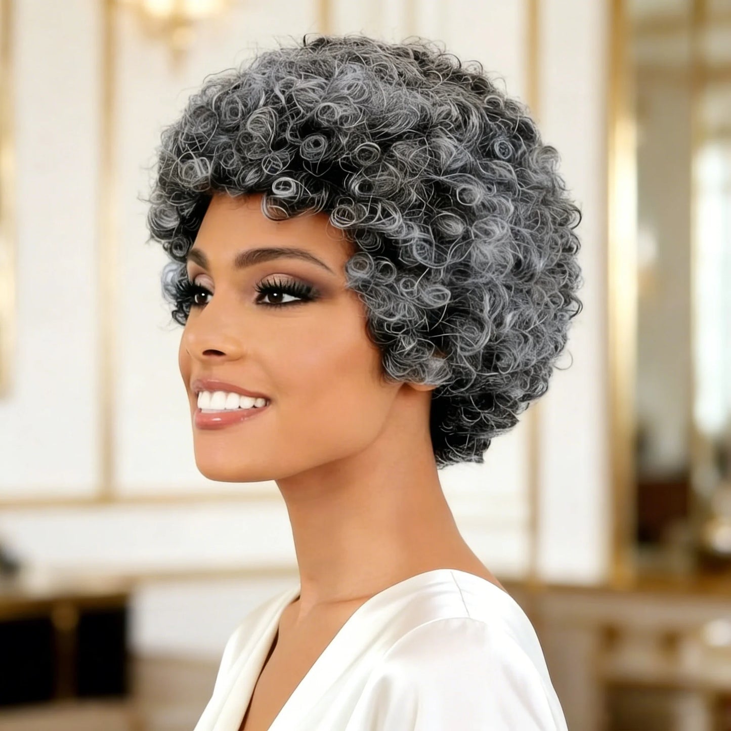 Grey Human Hair Wig for Women Short Curly Bangs Wig Mom/Grandmother Daily Use 6 Inch Bouncy Curly Wigs Full Machine Made Wigs