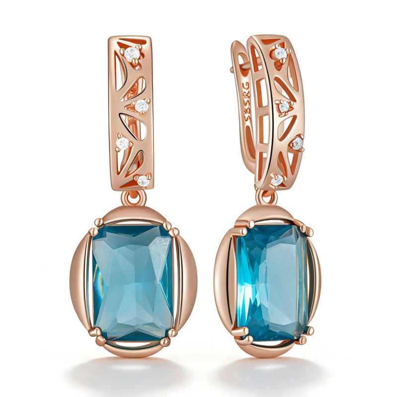 Rose Gold Blue Zircon Drop Earrings
