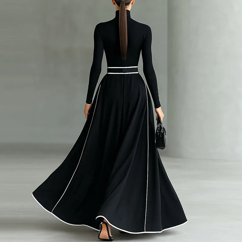 Spring Turtlenck High Waist A-Line Long Dress Woman Elegant Contrast Swing Party Dress Autumn Long Sleeve Pocket Boho Maxi Dress