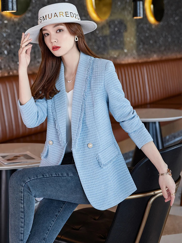 Autumn Winter Outwear Casual Blazer Women Ladies Jacket Pink White Blue Female Slim Long Sleeve Single Breasted Coat