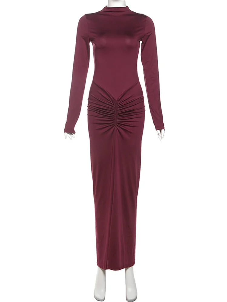 Shirred High Neck Long Sleeve Maxi Dress for Women