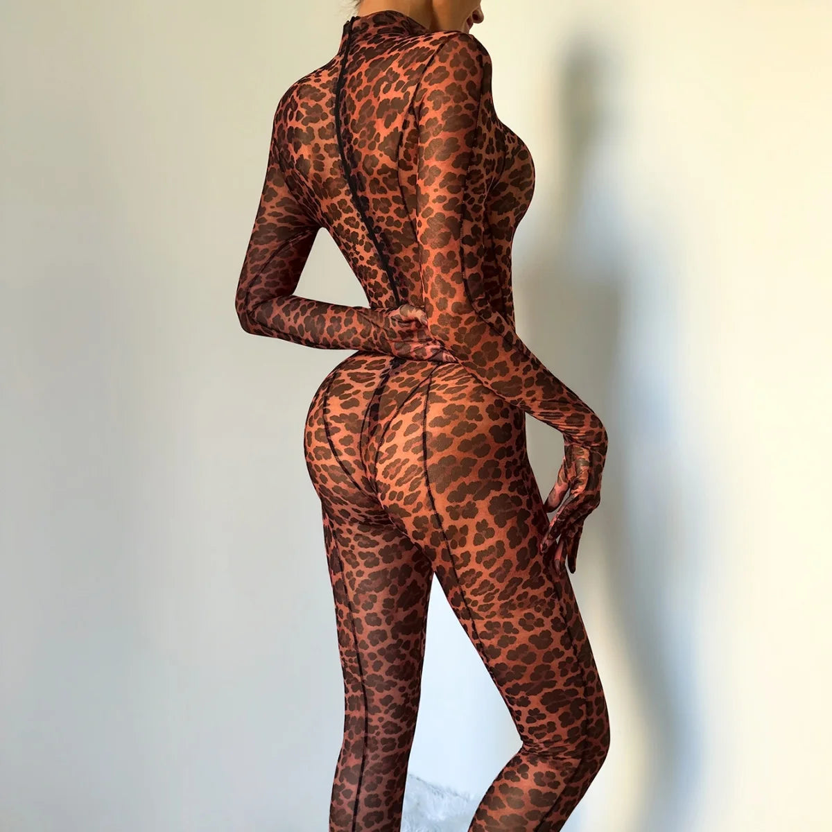Slim Fit Leopard Print Long Sleeve Two Piece Set for Women