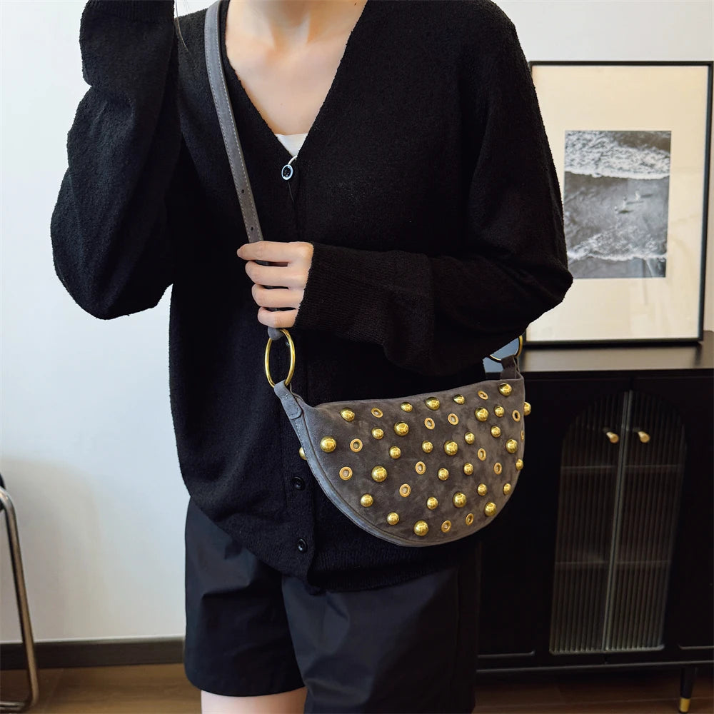 Faux Suede Rivet Half Moon Shoulder Bag for Women