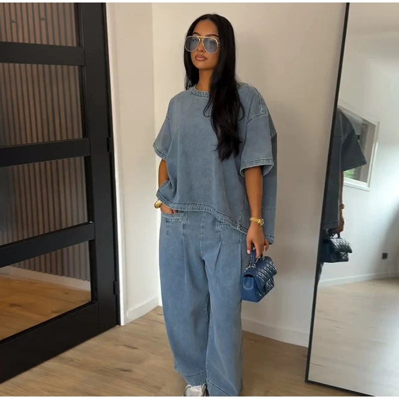 Oversized O Neck Casual Denim Two Piece Set for Women