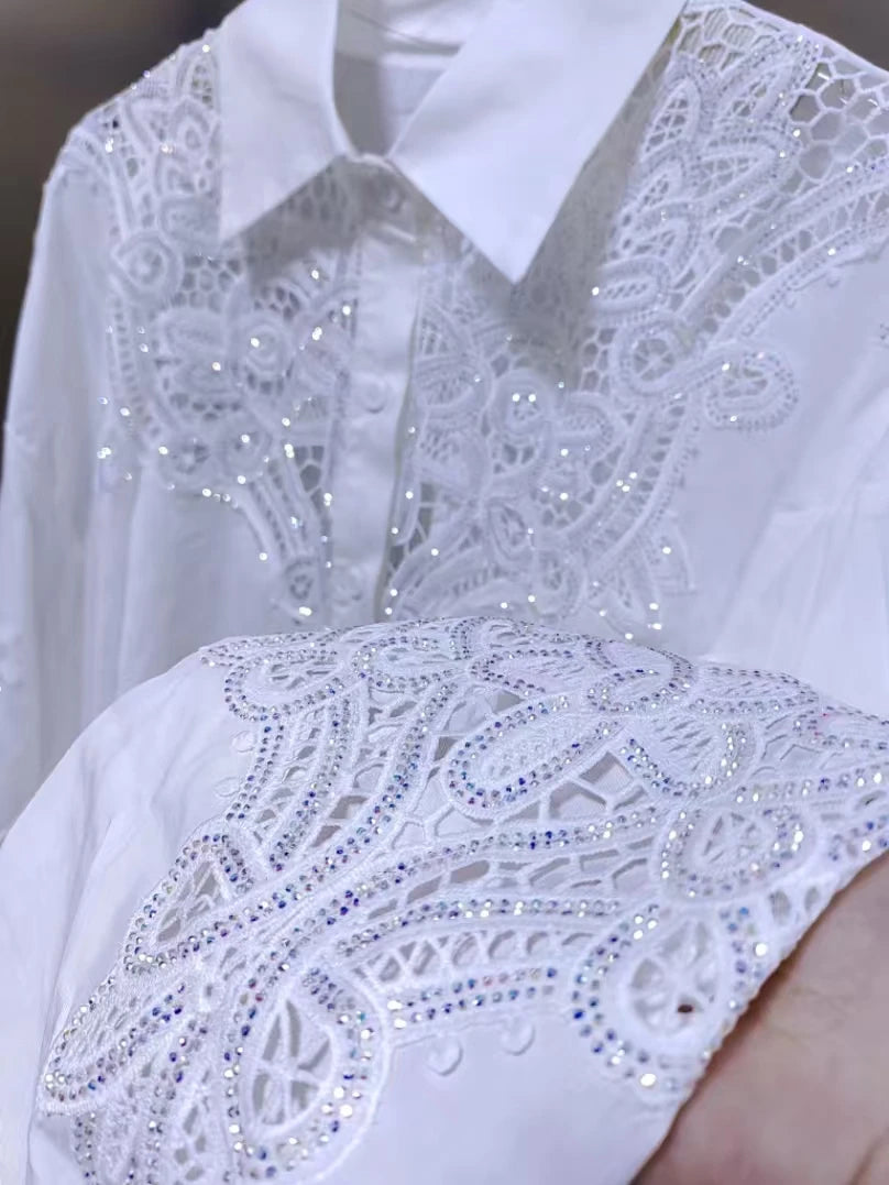 Sequined Embroidered Lantern Sleeve Hollow Out Cotton Blouse for Women