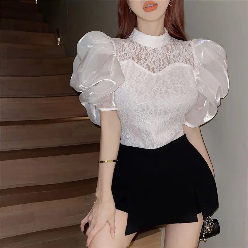 Korean V-Neck Bubble Sleeve Irregular Pleated Top for Women