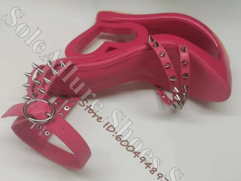 Glossy Patent Leather Spiked Heart Cage Wedge Sandals For Women