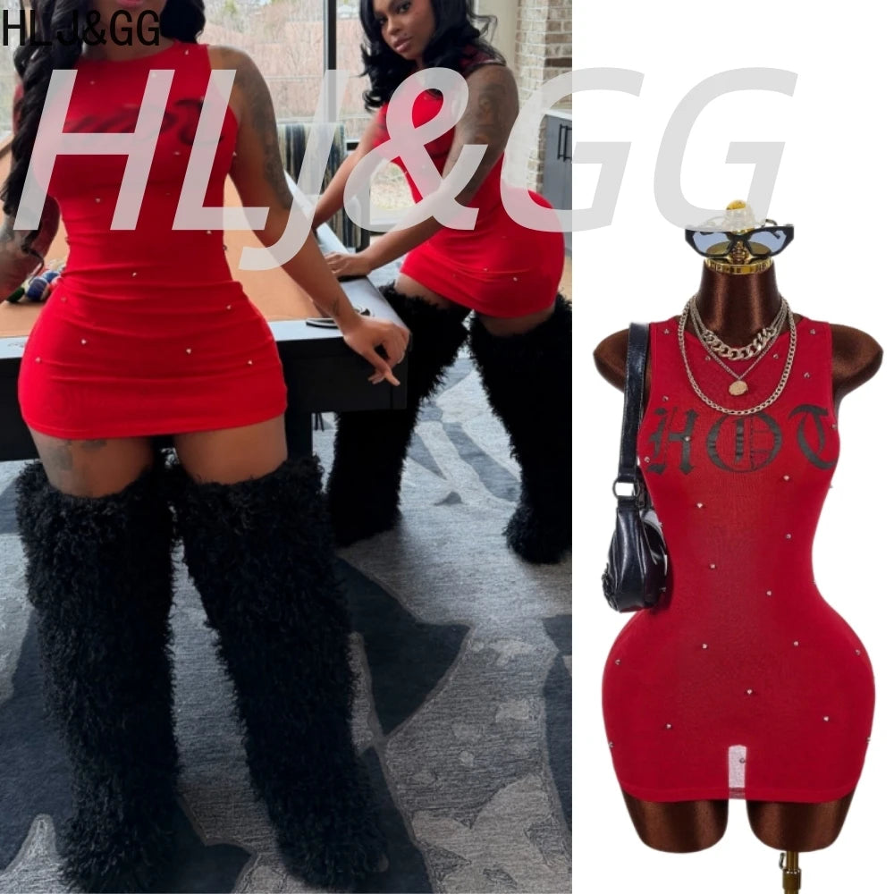 Letter Print Sleeveless Rivet Bodycon Mini Dress for Women
