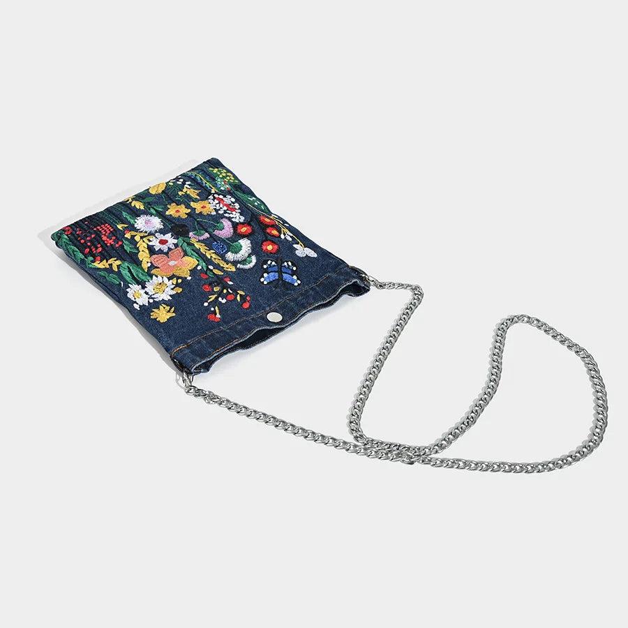Embroidered Floral with Chain Shoulder Bag for Women