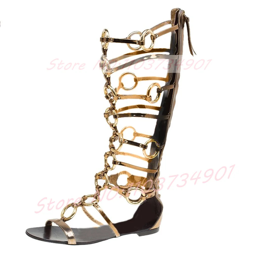 Black Leather Open Toe Metal Ring Strap Gladiator Sandals For Women