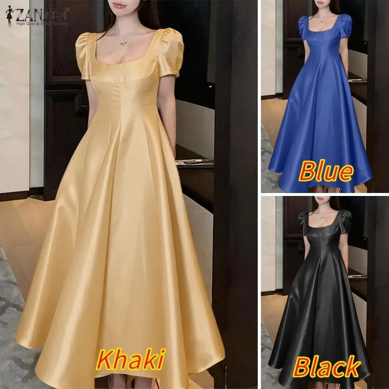 Square Neck Satin Puff Sleeve Maxi Dress