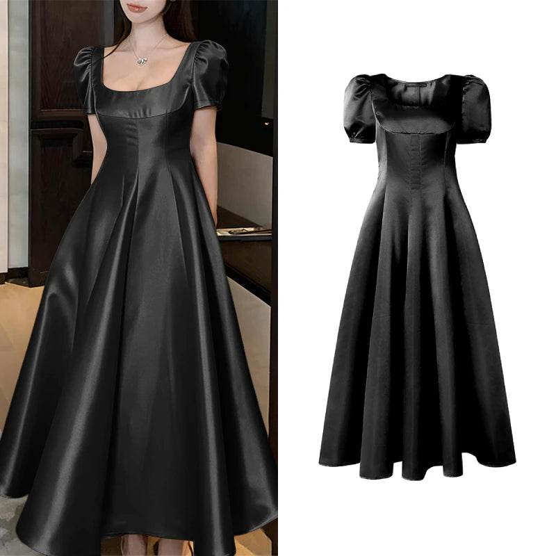 Square Neck Satin Puff Sleeve Maxi Dress