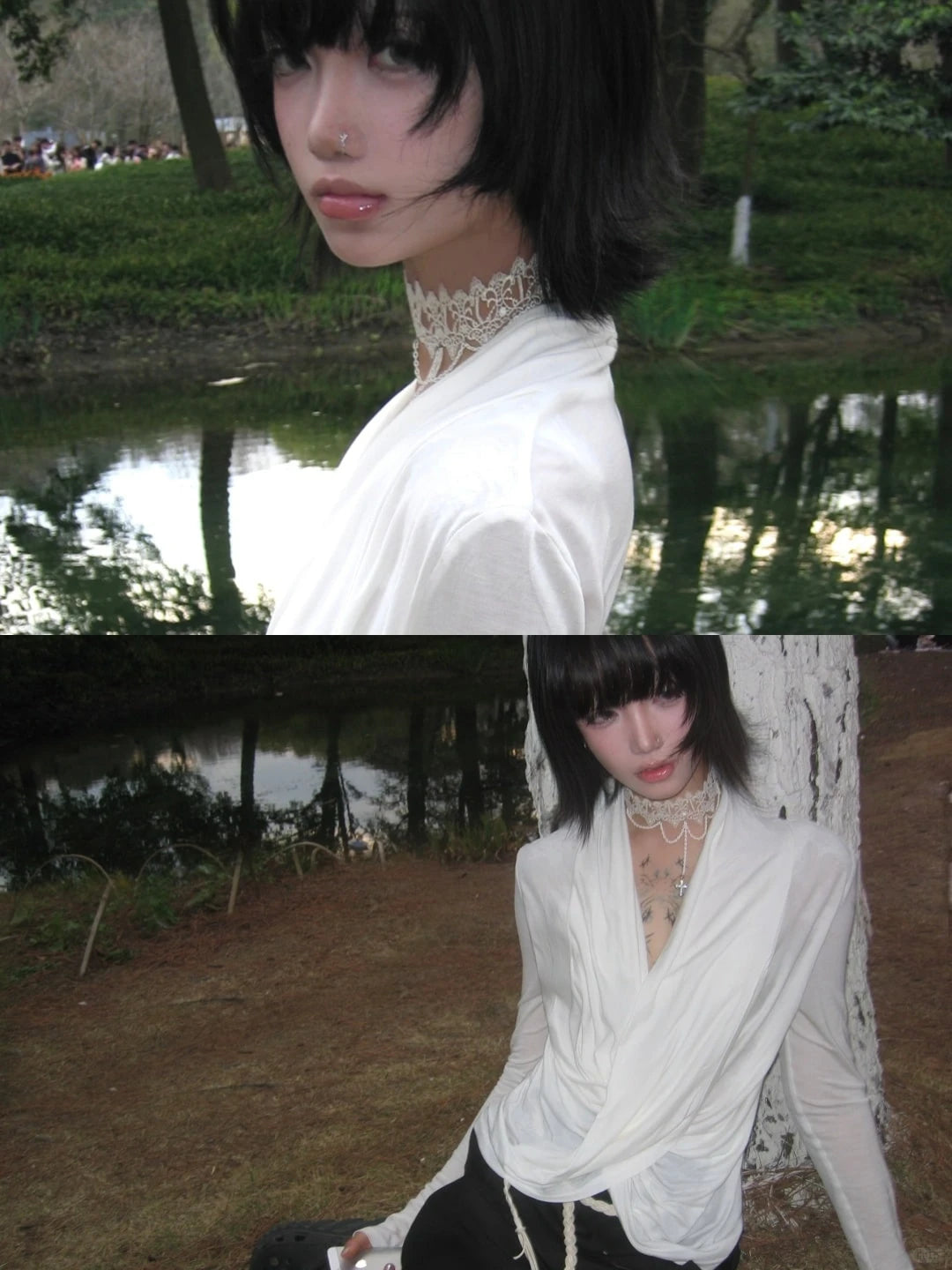 Karrram Japanese Y2k Cross Tops Trashy 2000s Style V-neck Long Sleeve T-shirt Vintage Harajuku White Irregular Tops American 90s