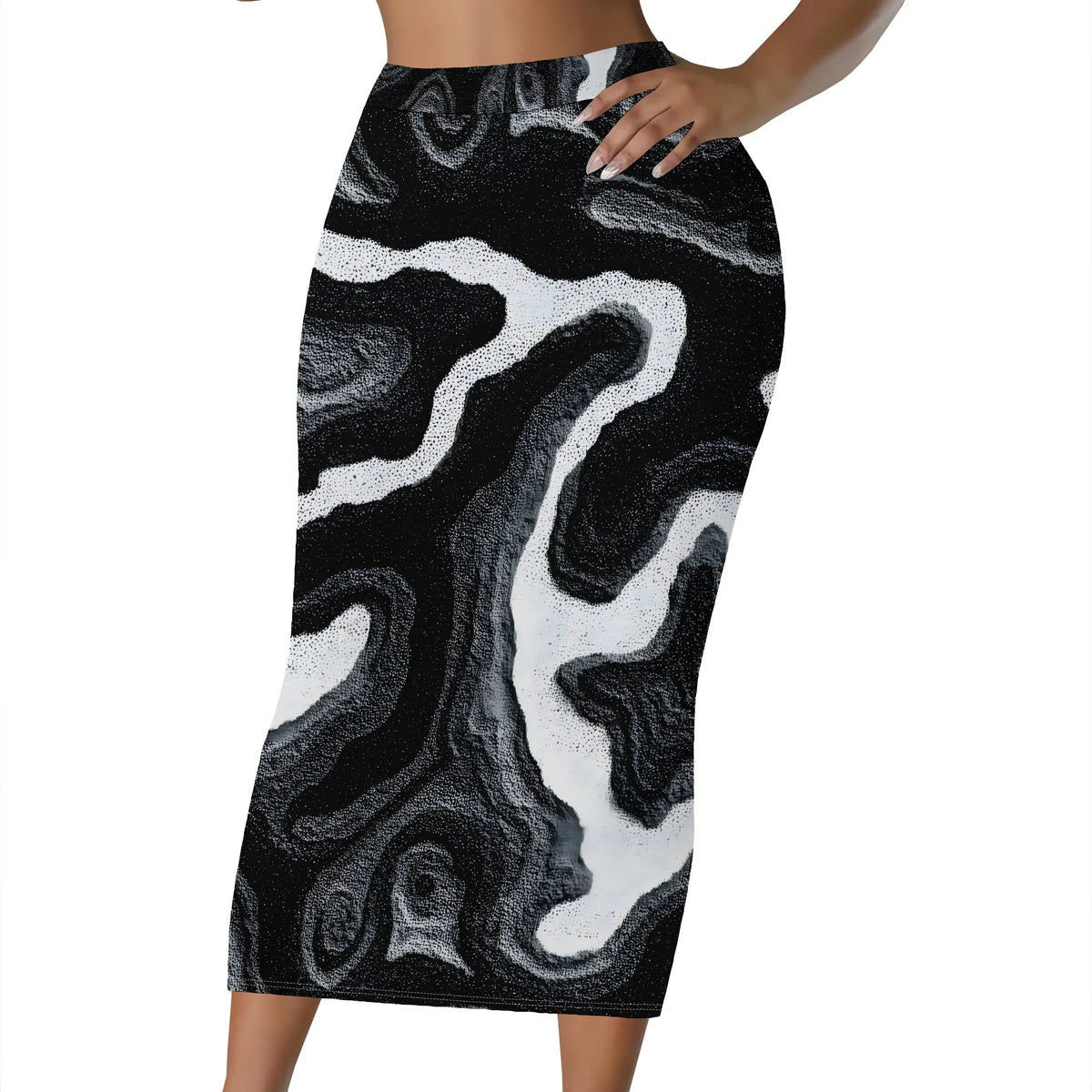 Black And White Abstract Print High Waist Midi Skirt for Women