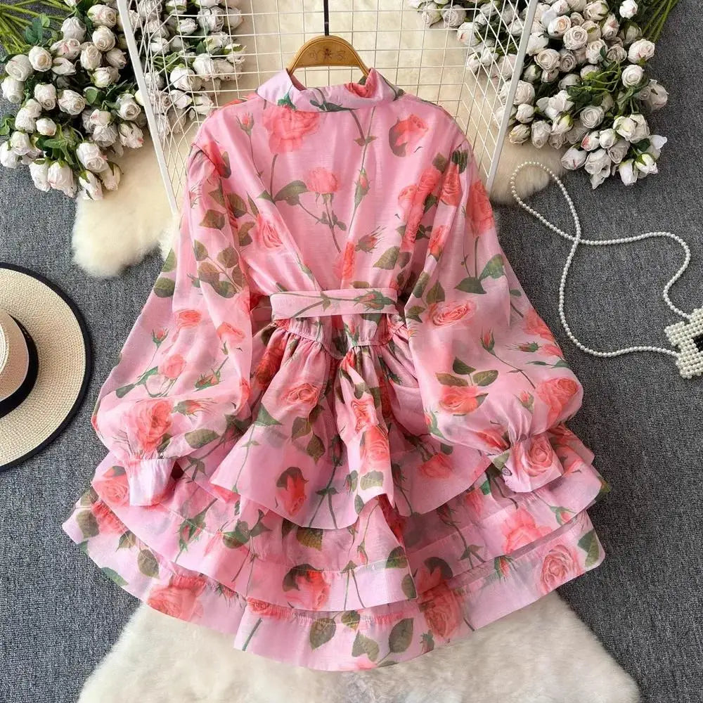Women Lantern Sleeve Floral Print Lace Up Belt Summer Ball Gown Cute Dress Holiday Gorgeous Flower Ruffles Layer Cake Mini Dress