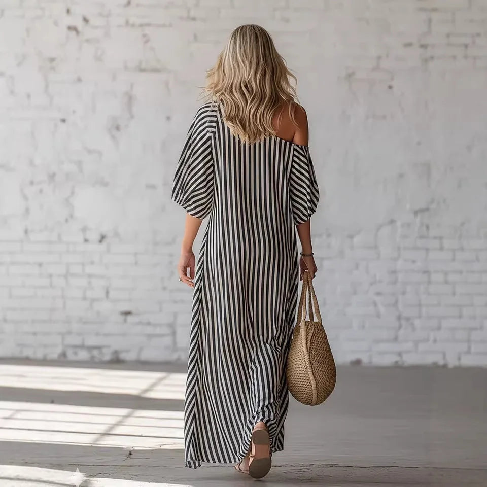 Striped Off Shoulder With Pockets Maxi Dress for Women