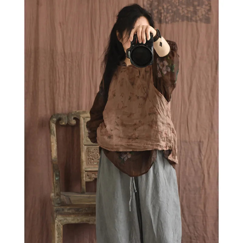 Casual Linen Tank Top With Vintage Floral Print for Women
