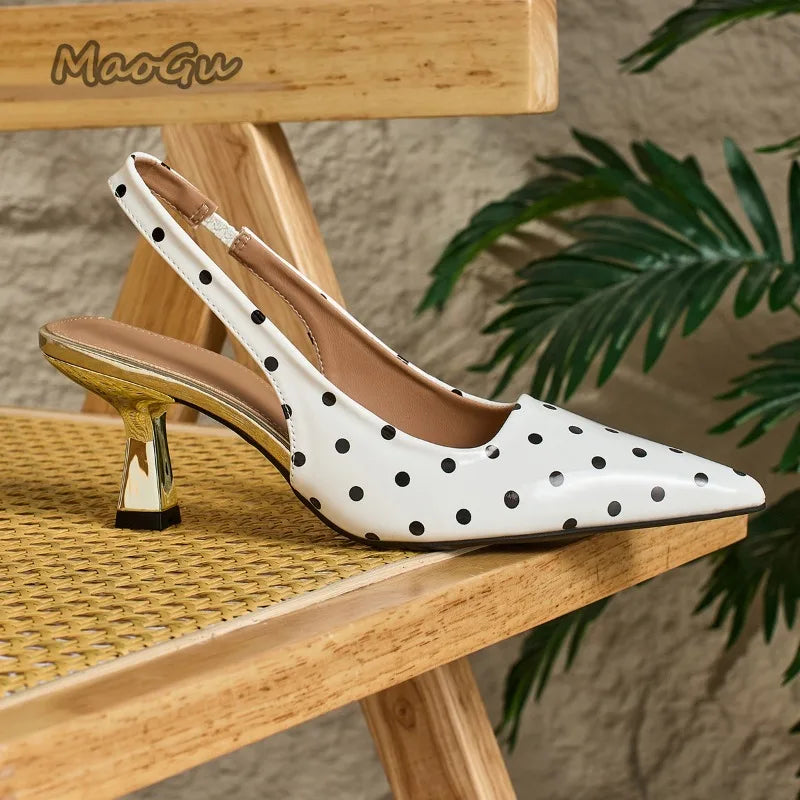 White Polka Dot Slingback Kitten Heel Pumps for Women