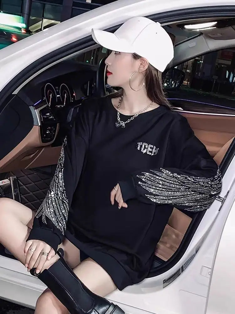 Tees Graphic Glitter Female Tops Loose Tshirts Rhinestone Women's T Shirts Black Clothes Sequin 2025 Aesthetic Coquett Pulovers