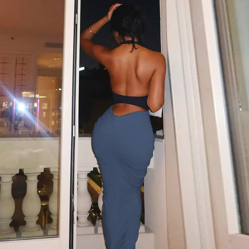 BOOFEENAA Patchwork Halter Backless Maxi Dress for Dinner Evening Gown Sexy Elegant Party Dresses for Woman Fall 2025 C15-CH41