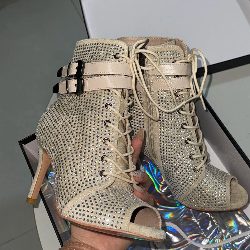 Peep Toe Ankle Stiletto Latin Dance Heels for Women