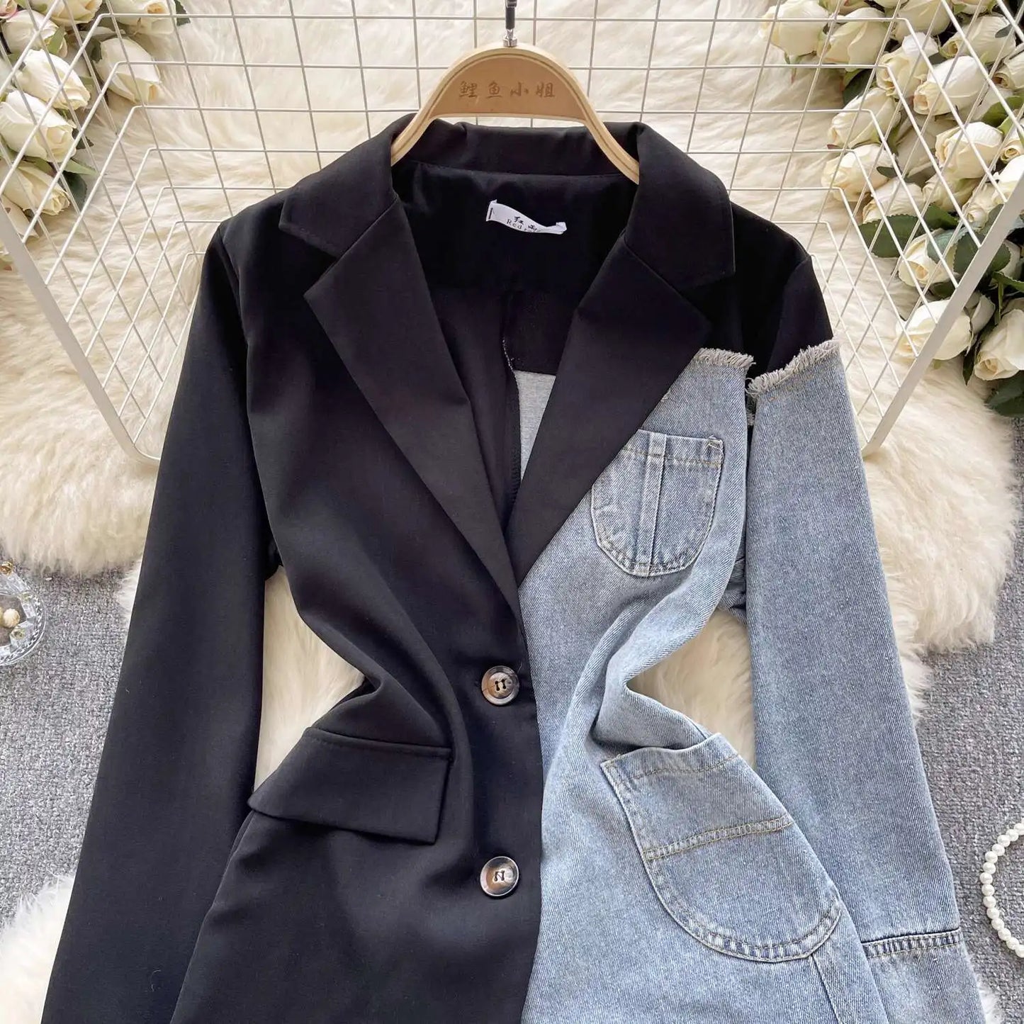 ANJY Autumn New Women Vintage Streetwear Ins Stylish Denim Patchwork Single Breasted Coat Casual Elegant Asymmetric Blazer A8421
