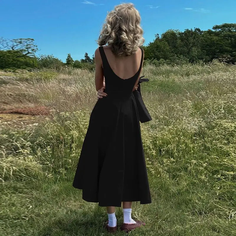 Solid Color Sleeveless Backless Dress with Waist Tie for Women