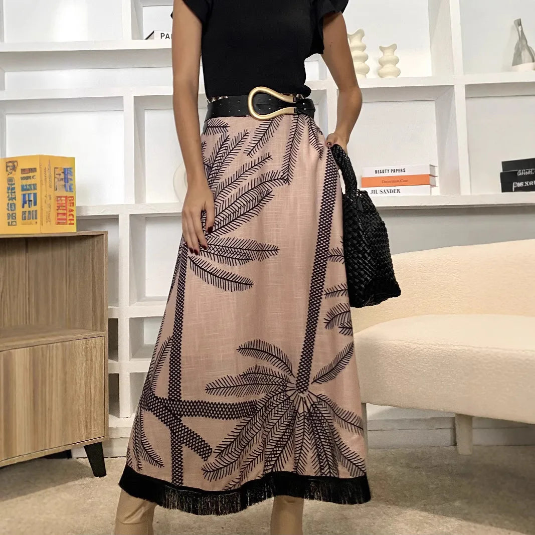 Vintage Plant Printed Hem Tassel Skirts For Women 2025 Spring Autumn New A-line Holiday Party Skirt Fashion All-match Vestidos