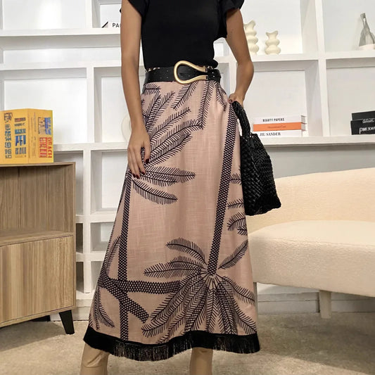 Vintage Plant Printed Hem Tassel Skirts For Women 2025 Spring Autumn New A-line Holiday Party Skirt Fashion All-match Vestidos
