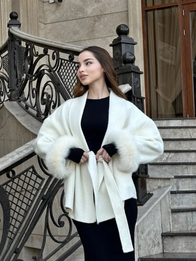 Faux Fur Wool Blend Longline Lapel Overcoat for Women