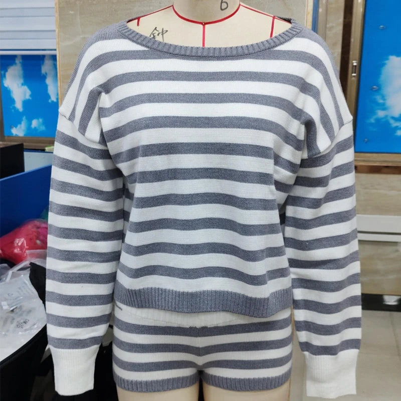 Striped Knit Two-Piece Off-Shoulder Lounge Set for Women