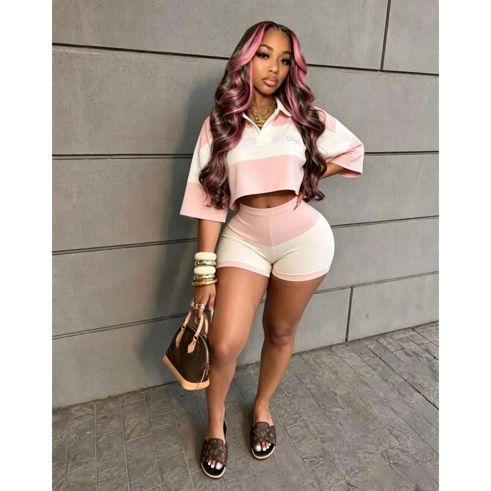 Pink Color Block V Neck Crop Top and Shorts Set for Women
