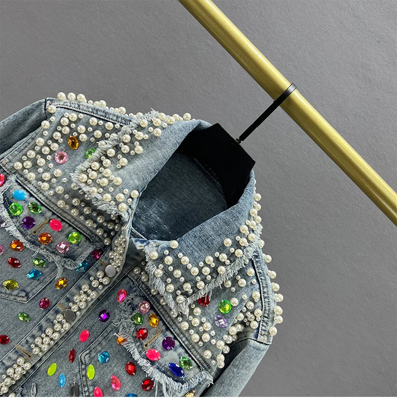 Rhinestone Studded Beaded Denim Lapel Jacket For Women
