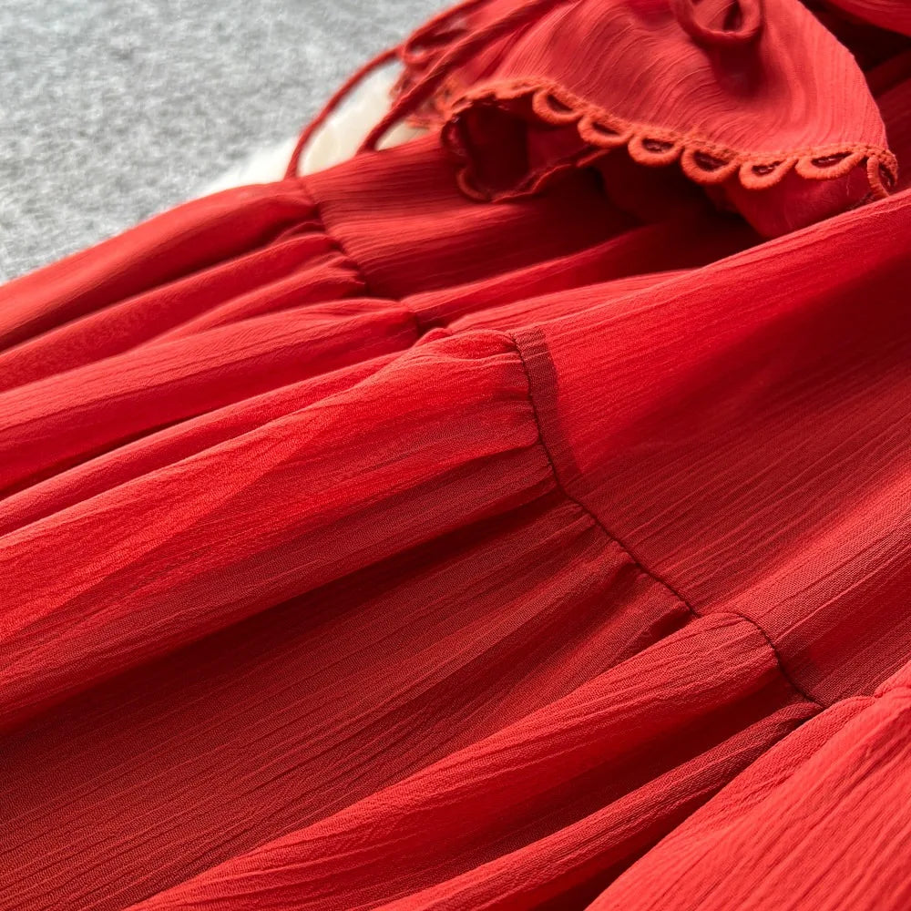Elegant French V-Neck Waist-Cinching Maxi Dress for Women