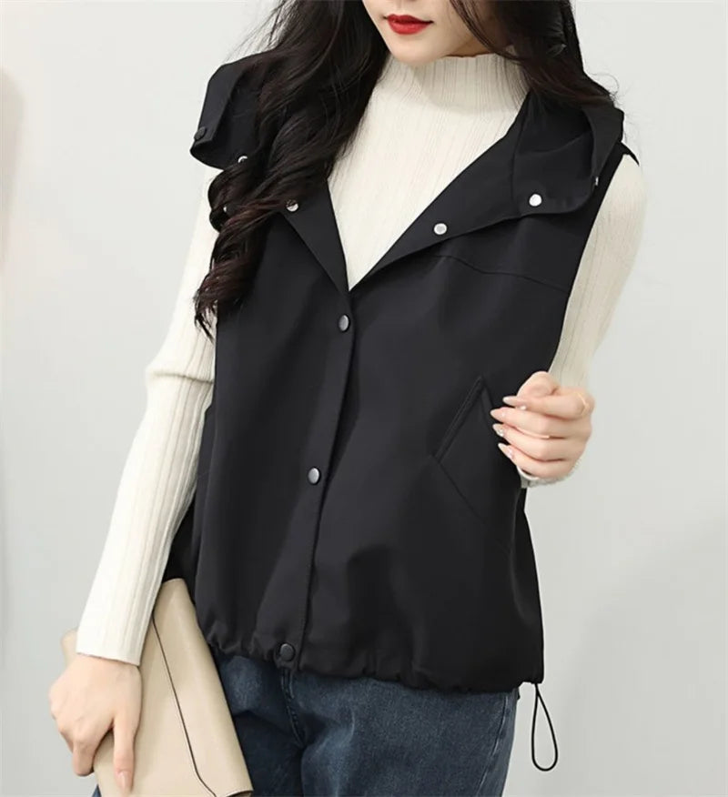 Casual Single Breasted Hooded Sleeveless Vest For Women