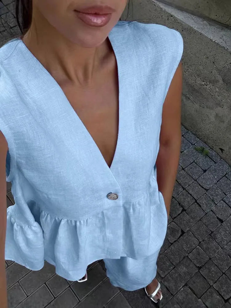 2026 Summer Cotton Two Piece Set Women Sleeveless Loose V Neck Waistcoat Elastic Wide Leg Pants Tracksuits Office Lady Outfits