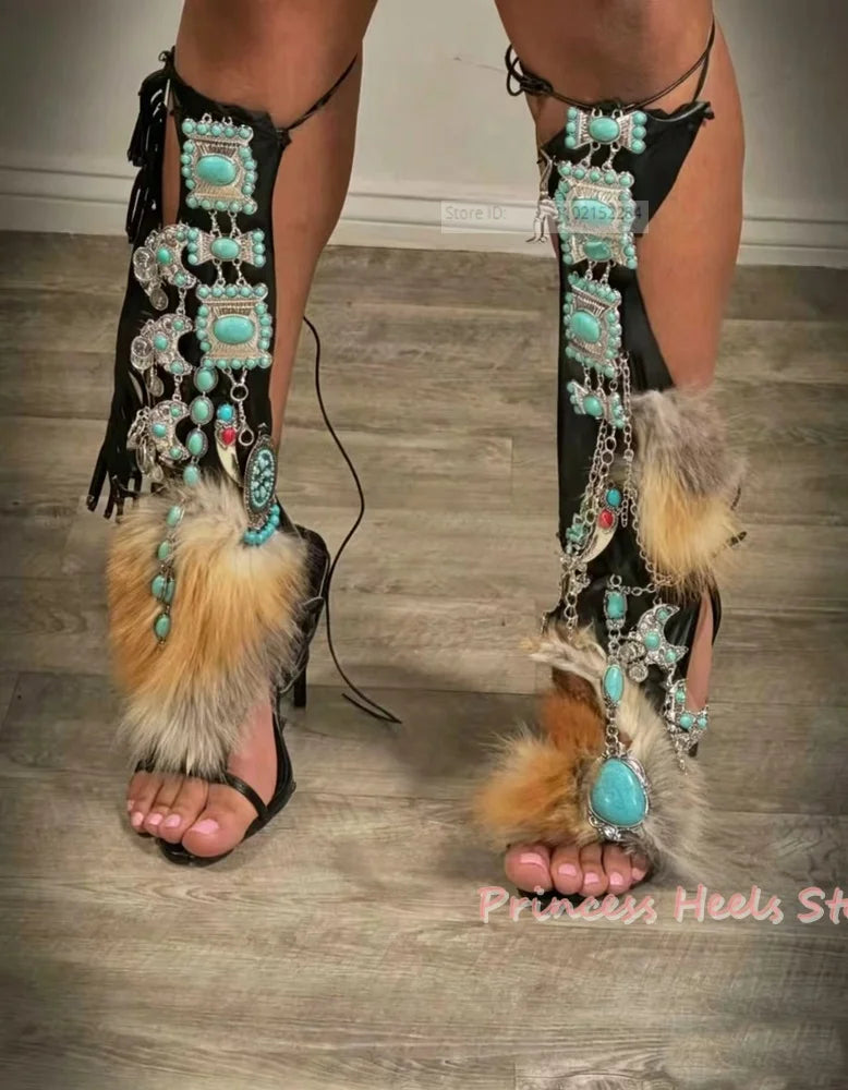 Turquoise Fur Wrap Bead Embellished Sandals for Women