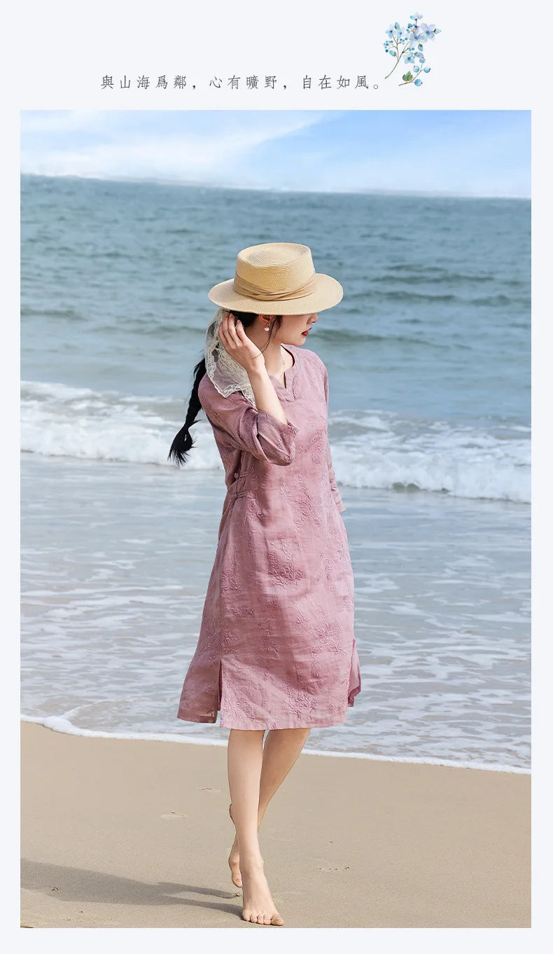 Elegant Embroidered Ramie Linen Knee Length Dress for Women