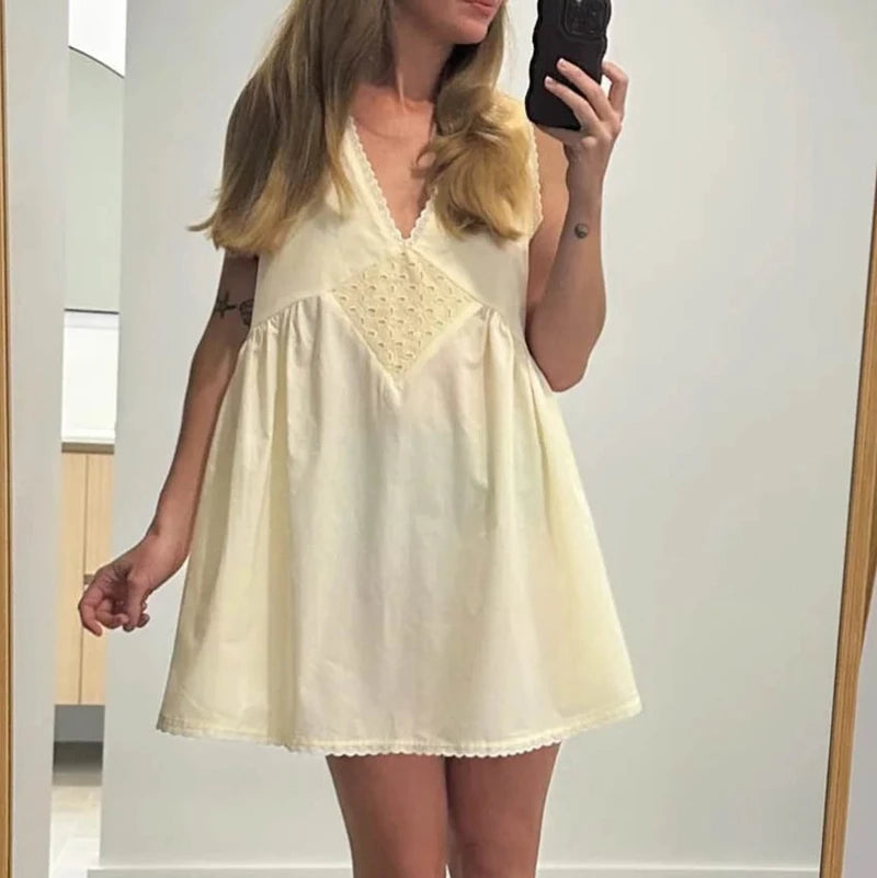Boho Lace Trim V-Neck A-Line Flowy Mini Dress for Women