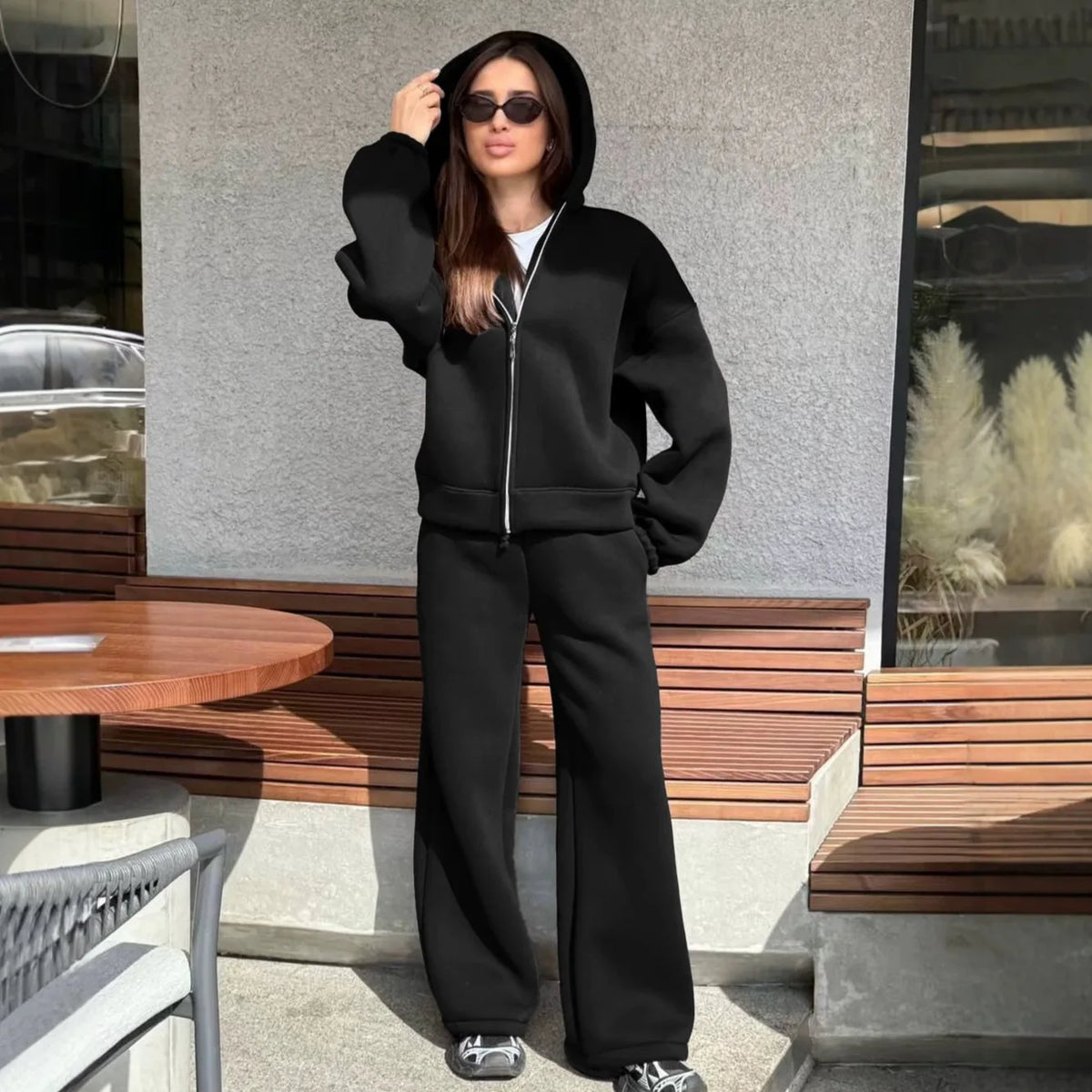 Hooded Loose Two Piece Top and Pants Set for Women