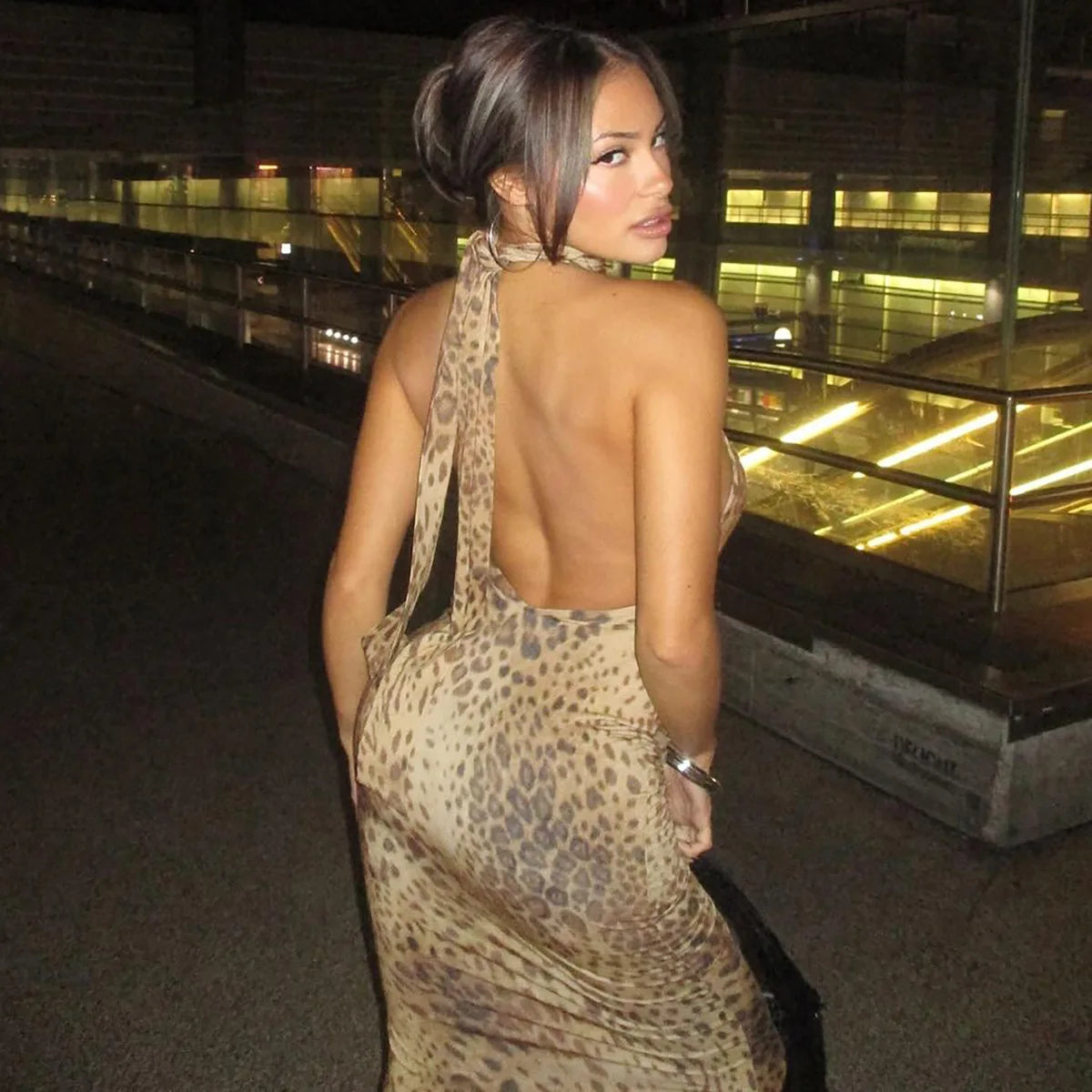 Halter Neck Leopard Print Backless Maxi Dress for Women