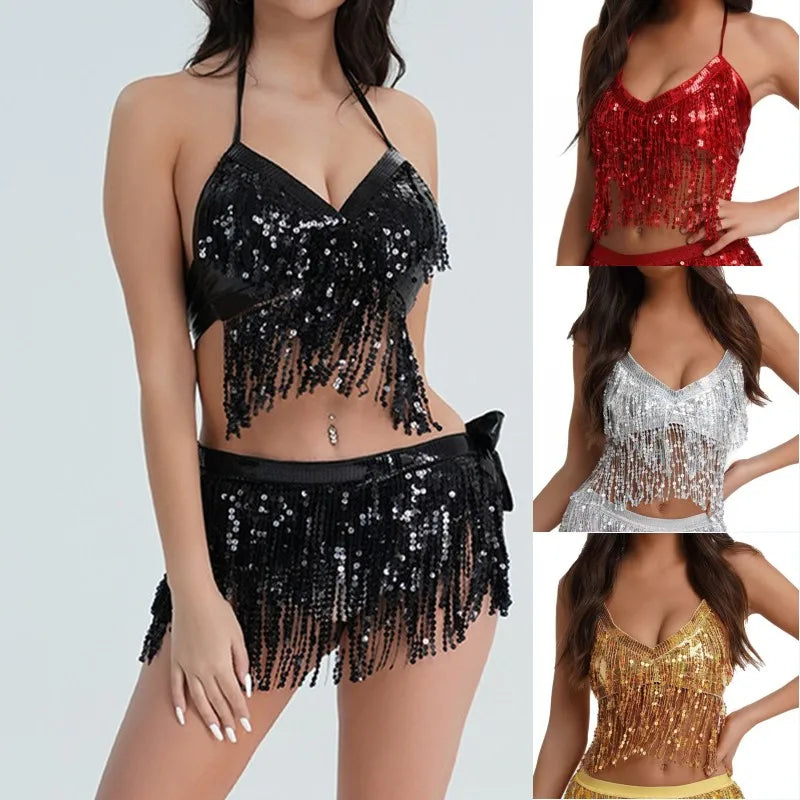 Sequined Tassel Latin Dance Crop Top and Skirt Set for Women