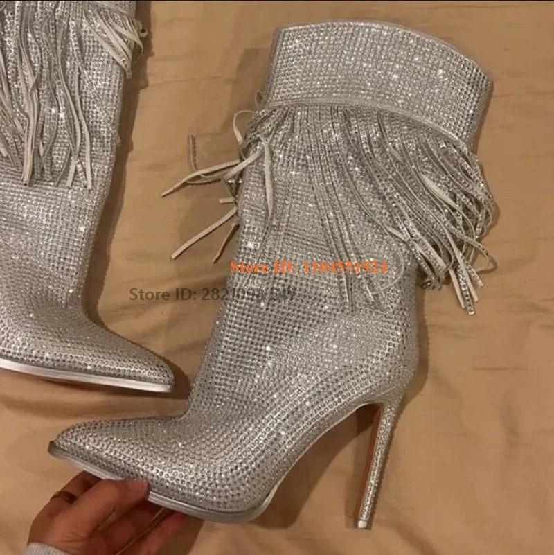 Knee High Fringe Rhinestone Heeled Cowboy Boots for Women