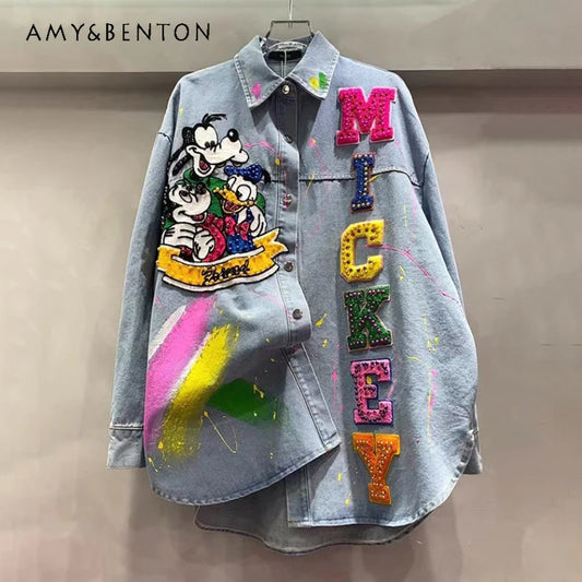 Cartoon Embroidered Shirt Women's Medium And Long Loose Versatile Denim Jacket 2025 Autumn New Fashion Single-breasted Outerwear