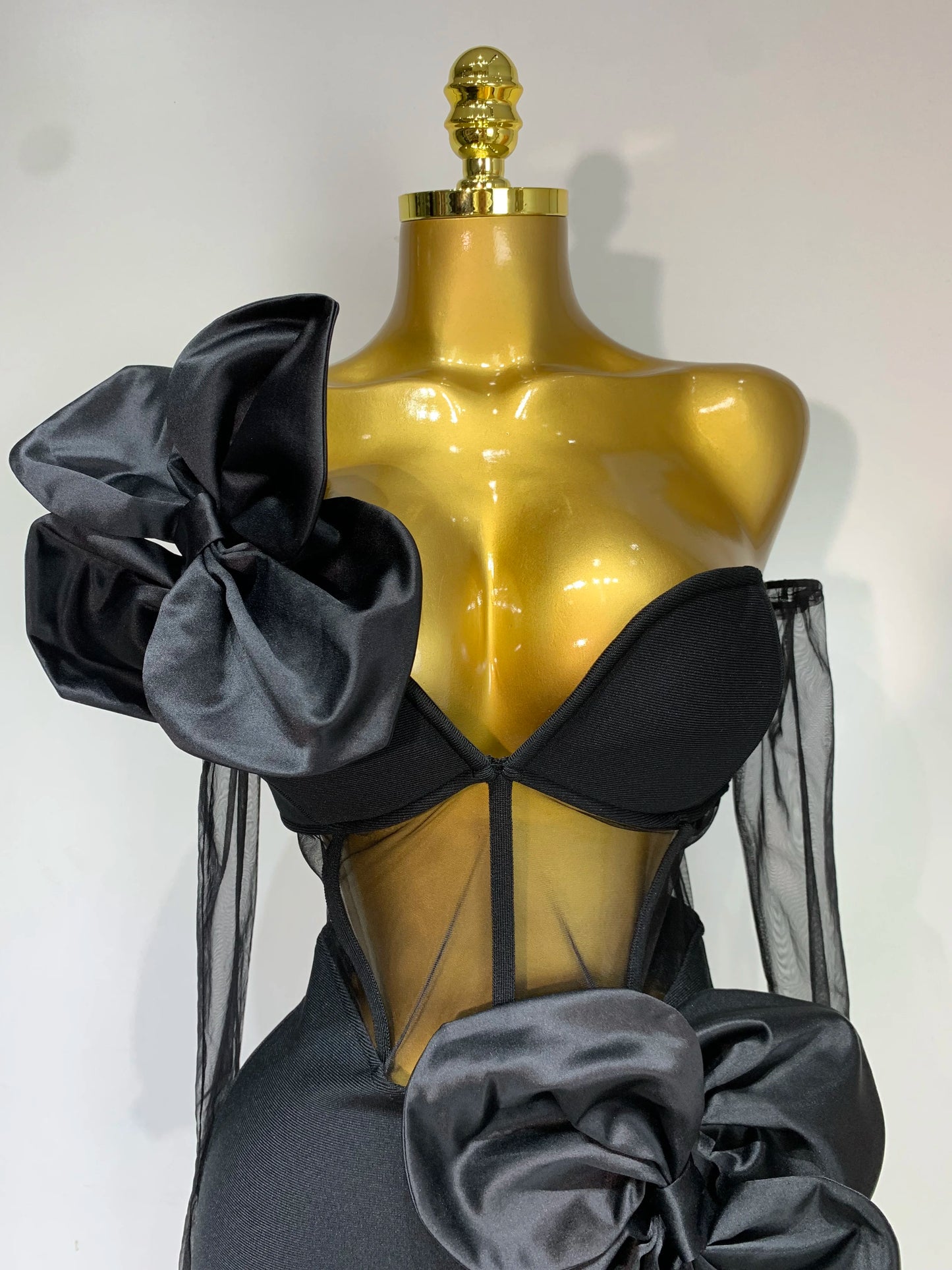 Women Sexy One Shoulder Bow Mesh See Through Bandage Bodycon Dress With Gloves Black Sleeveless Elegant Party Birthday Dresses